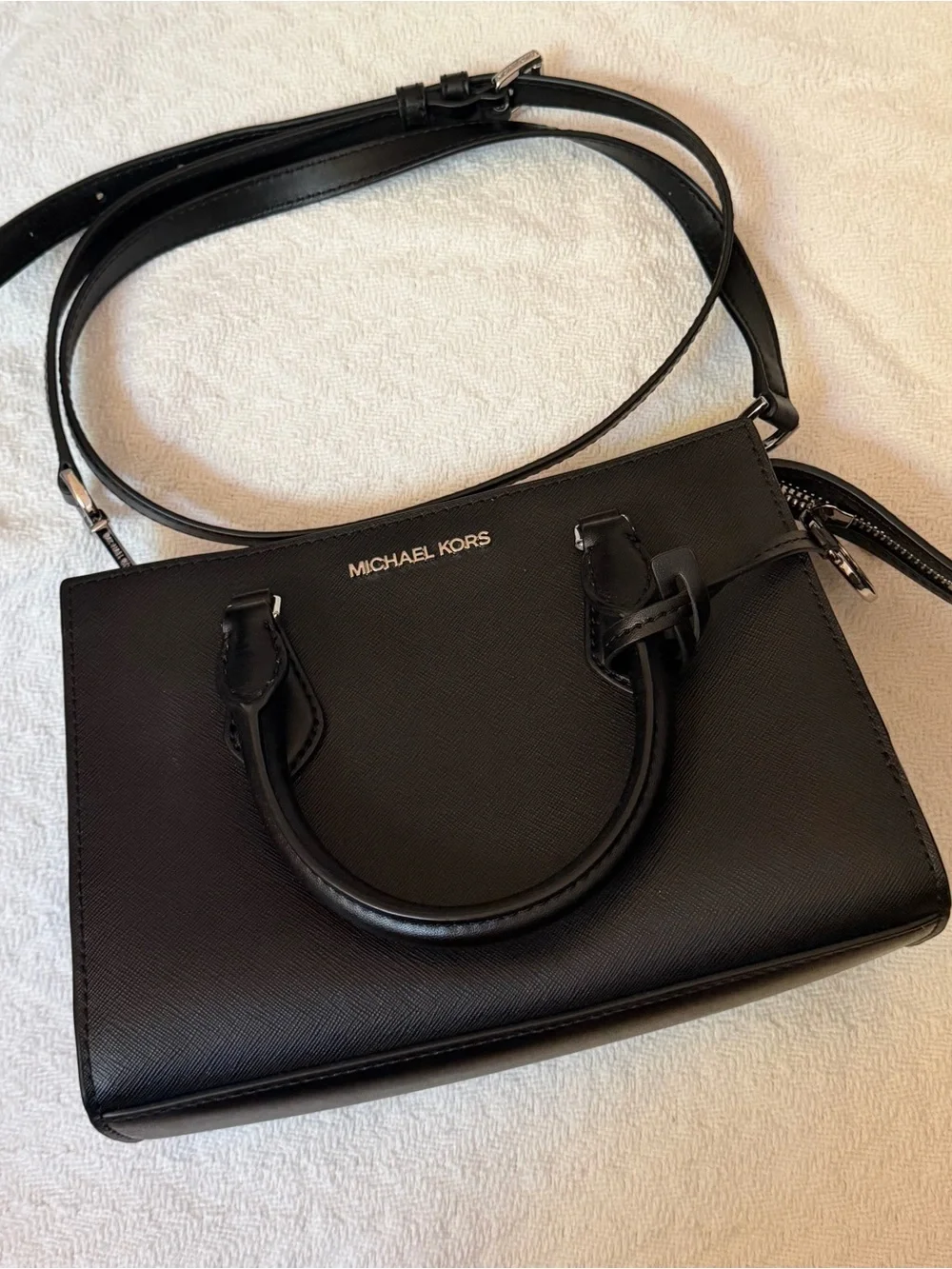 MICHAEL KORS Small Black Saffiano Leather Satchel with Crossbody Strap